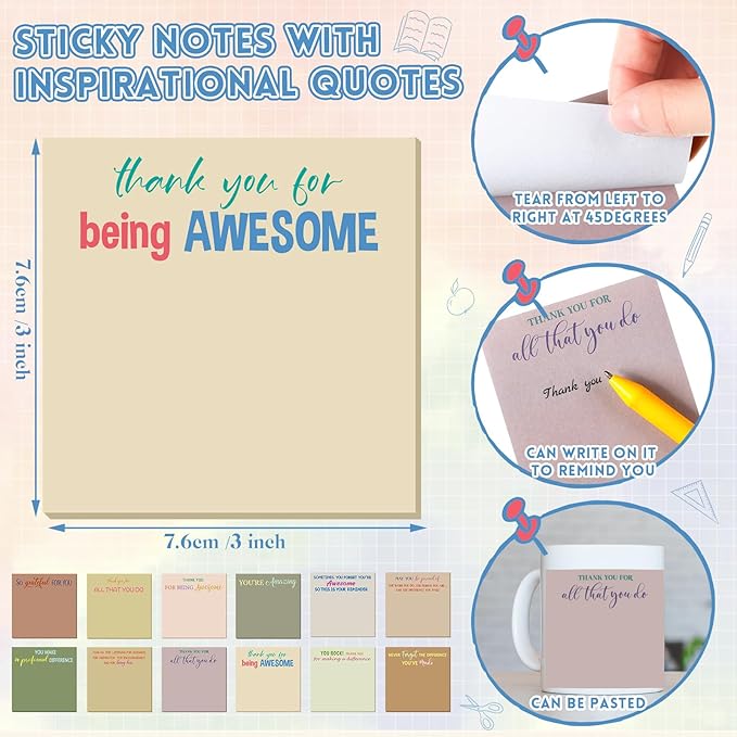 Yinder 24 Pcs Employee Appreciation Sticky Notes Xmas Gift Bulk Motivation Note Pads Mini Inspirational Note Gift for Teacher Nurse Staff Coworker Office Supply 3 x 3'' (Appreciation,Boho)