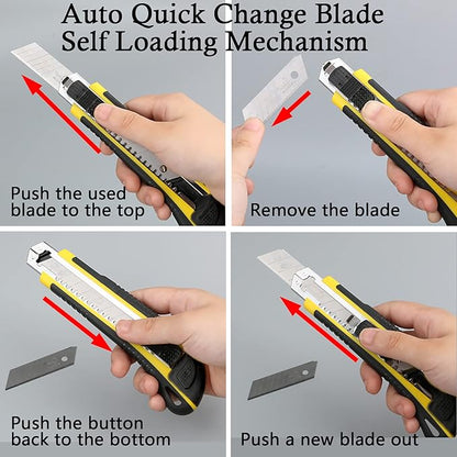 DOWELL Utility Knife Box Cutter Retractable Self Loading Heavy Duty Snap Off Quick Change Extra Blades(3PCS) TPR+PP Handle Cutting Cardboard Boxes or DIY