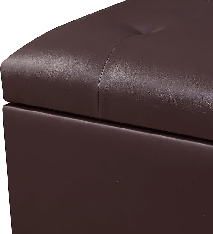 Adeco 23" Faux Leather Storage Ottoman Bench, Dark Brown Rectangular Ottoman Bench