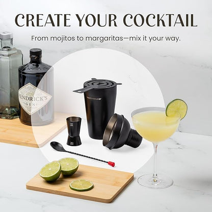 Modern Mixology Cocktail Shaker Set - 8 Piece Bartender Kit on Quality Pine Stand | Complete Cocktail Kit Gift Set | Top Bartender Gifts for Men | Leak Proof Design (Black)