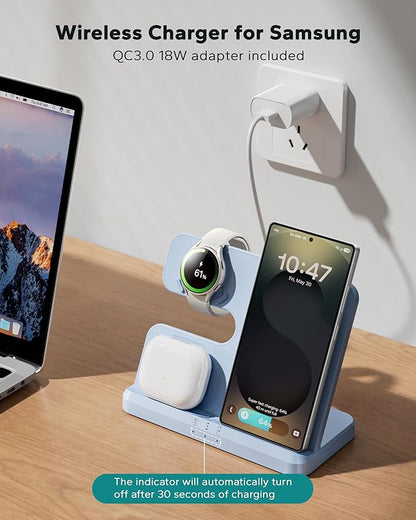 Wireless Charging Station for Samsung, 3 in 1 Charging Dock for Galaxy S25 Ultra/S24/S23/Z Fold, Phone and Watch Charger for Samsung Watch Galaxy 8/7/6/5, Galaxy Buds 3/2/Pro
