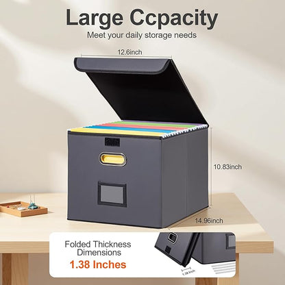 Collapsible File Box with Lid & Plastic Slide - Hanging Document Organizer for Office/Home, 14.96x12.6x10.83 Inch,Decorative Home File Bin,Dark Grey, 2 Pack (No Folders Included)