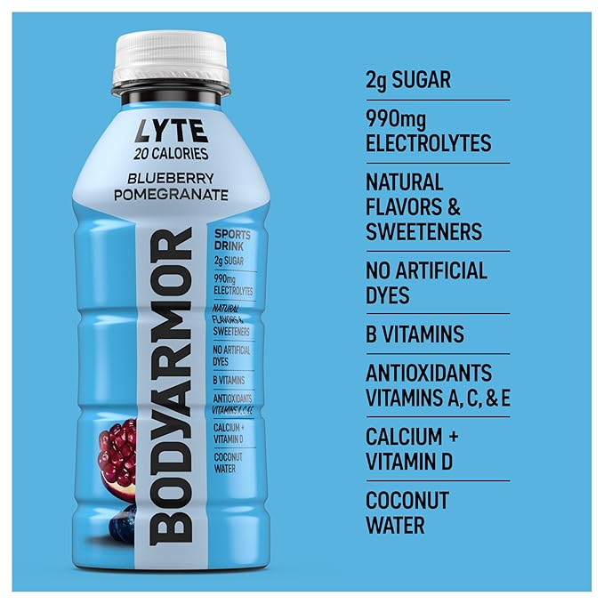 BODYARMOR LYTE Sports Drink Low-Calorie, Blueberry Pomegranate, Low-Calorie, Coconut Water, Natural Flavors, Vitamins, Electrolytes, 16 Fl Oz (12 Pack)