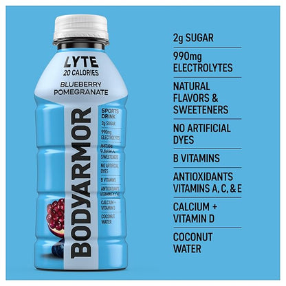 BODYARMOR LYTE Sports Drink Low-Calorie, Blueberry Pomegranate, Low-Calorie, Coconut Water, Natural Flavors, Vitamins, Electrolytes, 16 Fl Oz (12 Pack)