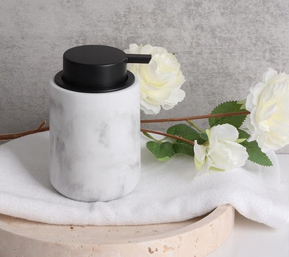 Resin Hand Soap Dispenser Easy-to-Press Liquid Pump, Refillable Soap Dispenser with White Marble Look, Waterproof Bottle Labels for Bathroom Kitchen Dish Lotion (White, 10 oz)