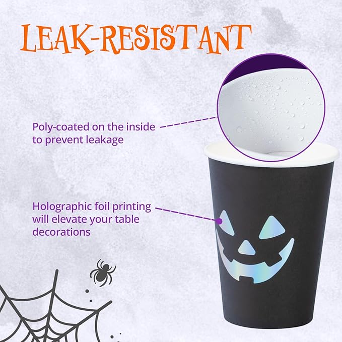 Halloween Disposable Paper Party Cups, Bulk 50 Pack, Leak-Resistant, 12 oz Hot and Cold Cups for Restaurants and Parties, Jack-O-Lantern, Black & Silver