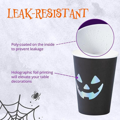 Halloween Disposable Paper Party Cups, Bulk 50 Pack, Leak-Resistant, 12 oz Hot and Cold Cups for Restaurants and Parties, Jack-O-Lantern, Black & Silver