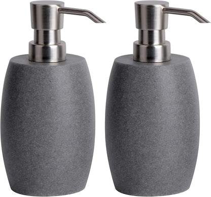 Sandstone Textured Resin Soap Dispenser with Metallic Pump and Waterproof Bottle Labels for Bathroom Kitchen Dish Hand Wash Shower Lotion Shampoo, 12 Oz, 2 Sets Gray