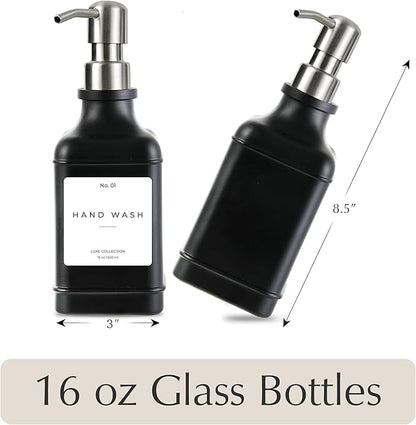 Emerson Essentials Soap Dispenser, Dish Soap Dispenser, Soap Bottle Bathroom Set, Hand Soap Farmhouse, Kitchen Soap Bottles - Glass Soap Dispenser with Pump and Labels, 16 Oz, 2 Pack