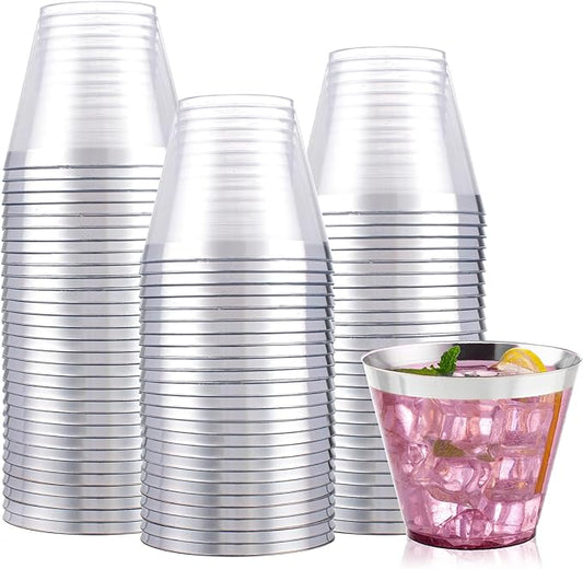 I00000 100PCS Silver Plastic Cups,9 oz Clear Plastic Cups with Silver Trim, Heavy-Duty Disposable Hard Cup For Party, Premium Cup Perfect for Wedding & Party