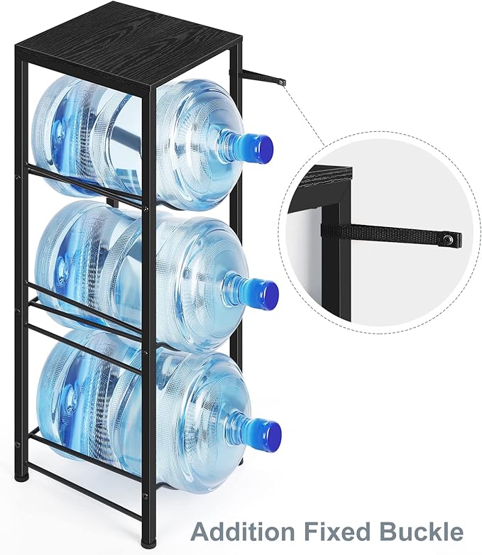 Water Bottle Holder Organizer 5 Gallon Water Jug Stand with Shelves, 3-Tier Water Bottle Dispenser Stand for Kitchen Living Room Office, Black