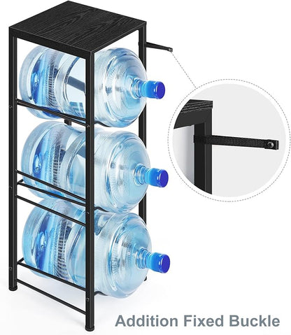 Water Bottle Holder Organizer 5 Gallon Water Jug Stand with Shelves, 3-Tier Water Bottle Dispenser Stand for Kitchen Living Room Office, Black