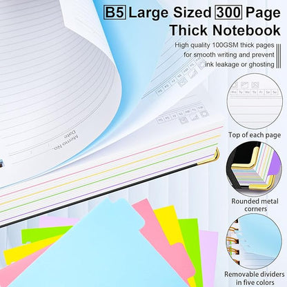 Hardcover Spiral Notebook 8"x10" Journal Notebook with Tabs and Removable Dividers 300 Pages 5 Subject Notebook College Ruled, Faux Leather Spiral Bound Notebook for Women School Work (Black)