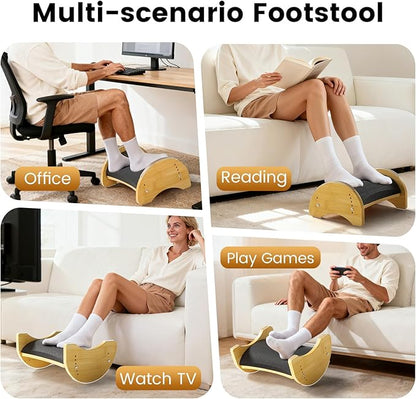 Bamboo Foot Rest for Under Desk at Work, Reversible Ergonomic Rocking Office Foot Rest, 6 Heights Adjustable & Non-Slip Mats with Foam Cushion, Under Desk Footrest for Home Office