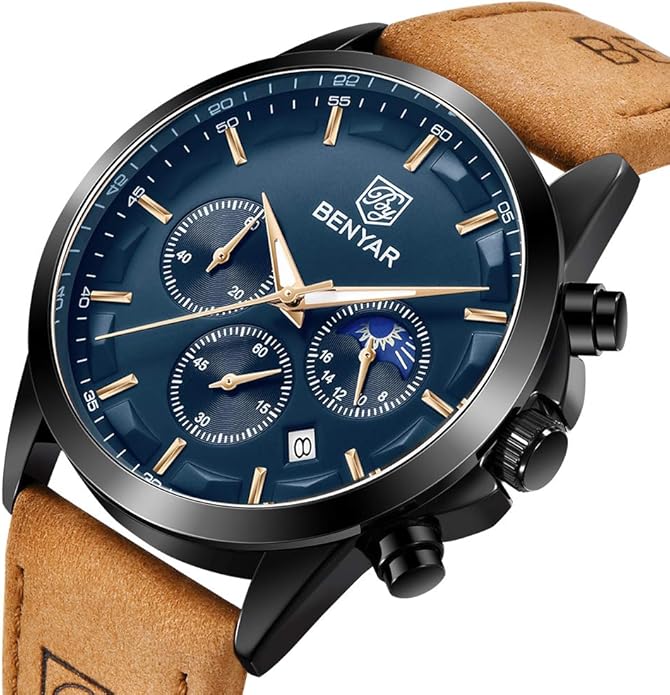 BY BENYAR Mens Watches Analog Quartz Chronograph Waterproof Wrist Watches for Men Fashion Business Work Casual Sport Designer Dress Watch with Calendar Elegant Gifts for Men