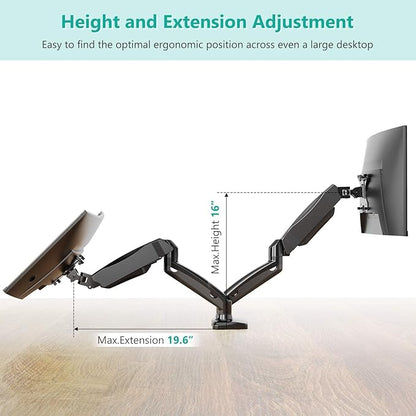 WALI Dual Monitor Mount, Monitor Arms for 2 Monitors Fully Adjustable Gas Spring Desk Mount Swivel Mounting Holes Bracket with C Clamp, Grommet Base for Display Up to 32 Inch 19.8lbs (GSMP002), Black