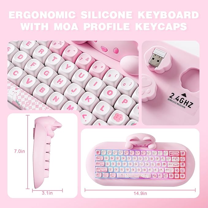 YUNZII C68 Wireless Mechanical Keyboard,65% Layout,Hot Swap,Triple Mode BT5.0/2.4G/Wired, RGB Backlit NKRO,Cute Cat Silicone Ergonomic Design for Win/Mac(Pink, Cocoa Cream V2 Switch)