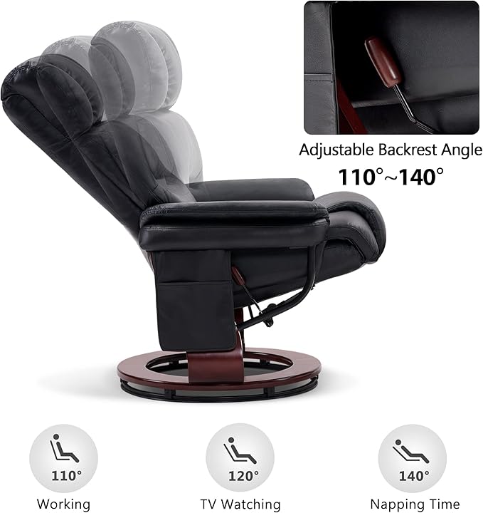 MCombo Swivel Recliners with Ottoman, Reclining TV Chairs with Vibration Massage, Faux Leather Ergonomic Lounge Chair for Living Room Bedroom 4832 (Black)