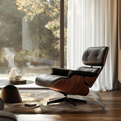 Mid Century Chaise Lounge Chair with Ottoman, Top Black Grain Leather, Modern Office Chair Classic Design, Heavy Duty Base Support for Living Room Study Lounge Office