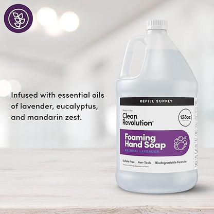 Clean Revolution Foaming Hand Soap Refill Supply Container, Ready to Use Formula, Gluten Free, Natural Lavender Fragrance, 128 Fl. Oz, 4 Pack