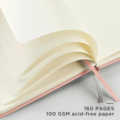 A5 Hardcover Leather Bullet Dotted Journal, 160 Pages 100 gsm Thick Paper，3 Sheets of Stickers Included - 5.7'' x 8''（Pink）