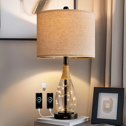 OYEARS 23" USB A+C Table Lamp for Bedroom Living Room Modern Bedside Lamps Retro Farmhouse Rattan Glass Nightstand Nightlight Lamps (Black),Two Light Points