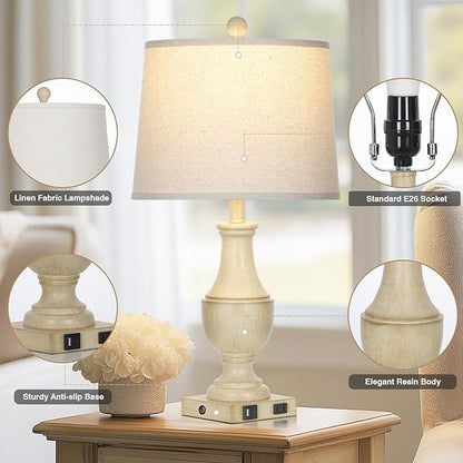 Farmhouse Vintage 3-Way Dimmable Table Lamp Set of 2 with USB A+C Charging Ports & AC Outlet, Rustic Mid Century Antique Traditional Bedside Lamps for Living Room Bedrooms Nightstand End Table White