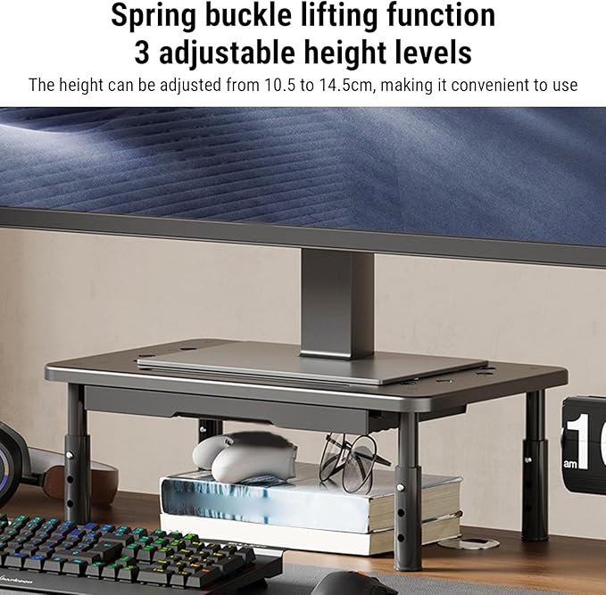 Asixxsix Desk Monitor Stand Riser, 3 Height Adjustable Laptop Riser with Drawer Storage Airflow Vents 44lbs Load Capacity Carbon Steel Tabletop Organizer for Printer Doucement Holder (Black)