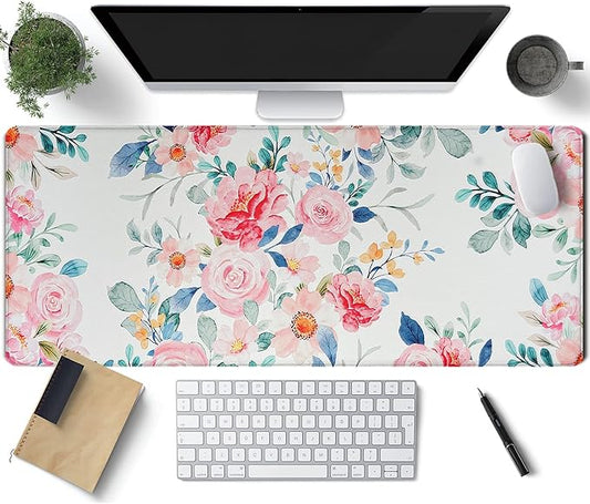 Watercolor Pink Flower Patterns Desk Mat, Large Gaming Mouse Pad Non-Slip Rubber Base with Stitched Edges, Waterproof Protection for PC Laptop Home Office Desk Decor (35.4x15.7in)