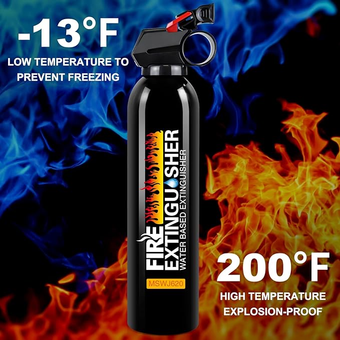 Fire Extinguisher with Mounting Bracket - 4 in 1 Portable A, B, C, K Fire Extinguishers for Boat, 620ml Mini Water-Based Flame Extinguisher for Car, Home, Kitchen, RV, Truck & Office (1 Black)
