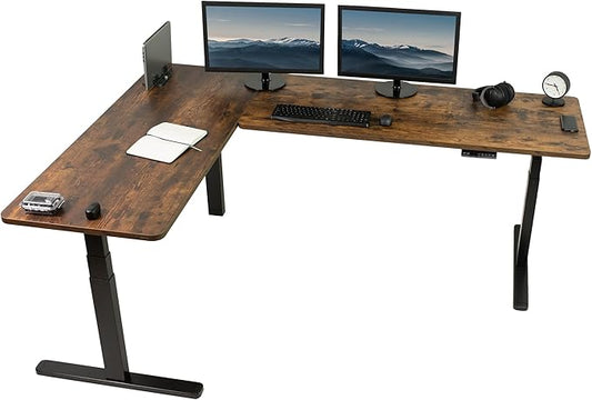 VIVO Electric Height Adjustable 83 x 60 inch Corner Stand Up Desk, 2 Rustic Vintage Brown Solid Table Tops, Black Frame, Memory Controller, L-Shaped Workstation, 3E Series, DESK-KIT-3E8N