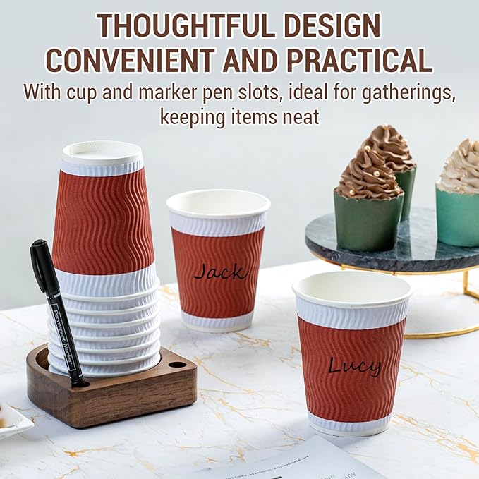 MyGift Dark Walnut Solid Wood Tabletop Guest Party Cup Holder Dispenser with Marker Pen Slots