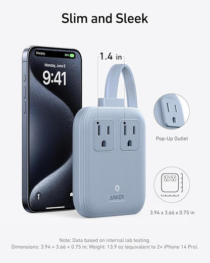 Anker Travel Power Strip, Anker Nano 67W Max 6-in-1 USB C Charger, 2 AC, 2 USB A and 2 USB C, 5ft Thin Undetachable Flat Plug Extension Cord with Multiple Outlets, Travel Essentials, Cruise Essentials