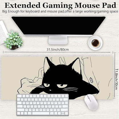 Gaming Mouse Pad XL Extended Anime Mouse Pad 31.5x11.8 inch, Large Cute Kawaii Big Computer Mouse Mat Desk Pad with Non-Slip Rubber Base and Stitched Edge for Home Office-Black Cat