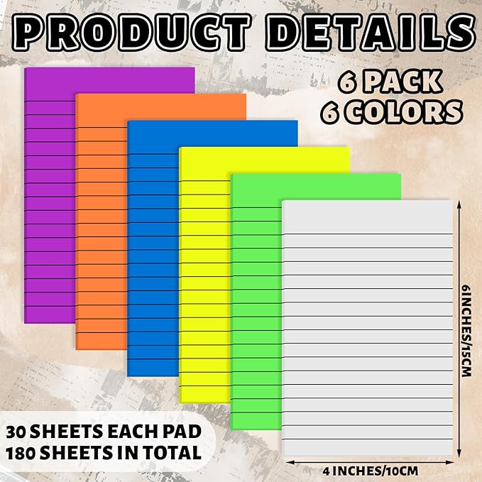 Yinder 6 Pack 180 Sheets Pastel Transparent Sticky Notes Translucent Clear Lined Self Sticky Note, Back to School Gifts for Bible Tabs, Book Tabs, School Supplies, Office, 4 x 6 Inch(Bright Color)