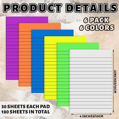 Yinder 6 Pack 180 Sheets Pastel Transparent Sticky Notes Translucent Clear Lined Self Sticky Note, Back to School Gifts for Bible Tabs, Book Tabs, School Supplies, Office, 4 x 6 Inch(Bright Color)