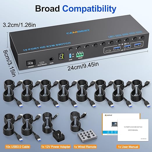 10 Port 8 Port HDMI KVM Switch 4K@60Hz EDID Simulation, USB3.0 KVM Switch HDMI for 10 Computers Share 1 Monitor and 4 USB Devices, KVM Switches with Audio RS232 Wired Remote 12V Power and USB Cable