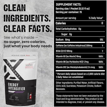 CardoMax - Energy Drink Packets - Liquid Preworkout for Men & Women Caffeine Packets with BCAA, Vitamin B12, Vitamin B6 & B3 - Sugar-Free, Zero Calorie, Vegan & Keto - 15 Stick Packs - Grape
