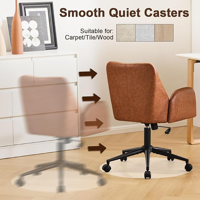 Furniliving Home Office Desk Chair, Ergonomic Leather Office Chair with Wheels, Comfortable Rolling Task Chair Adjustable Height, Brown