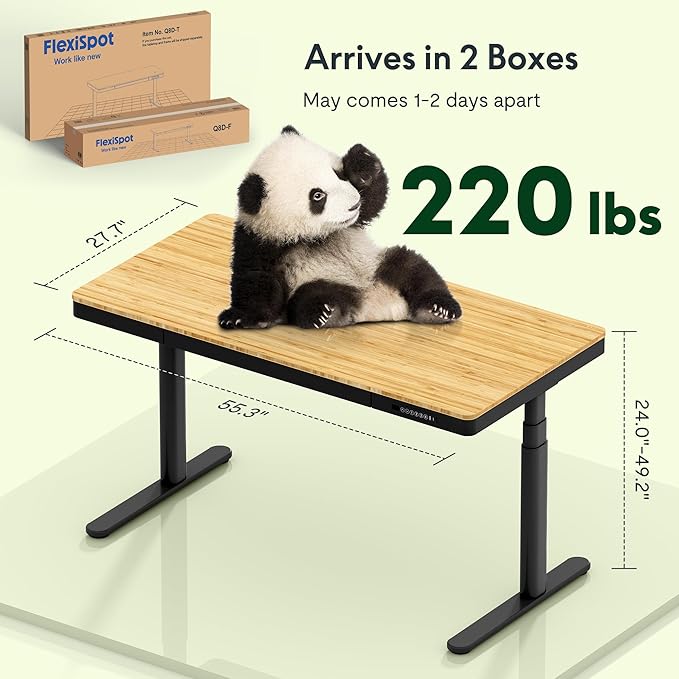 FLEXISPOT Q8 55" Bamboo Standing Desk, Dual Motor 3 Stages Adjustable Height Electric Computer Workstation w/Wireless Charging, Drawer, Quick Install, 220lbs Capacity (Bamboo Tabletop + Black Frame)
