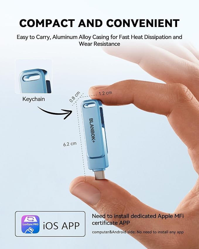 MFi Certified 256GB iPhone Photo Stick, USB Flash Drive for Photo/Video Backup, High-Speed Thumb Drive Compatible for iPhone/iPad/Android/PC (Blue)