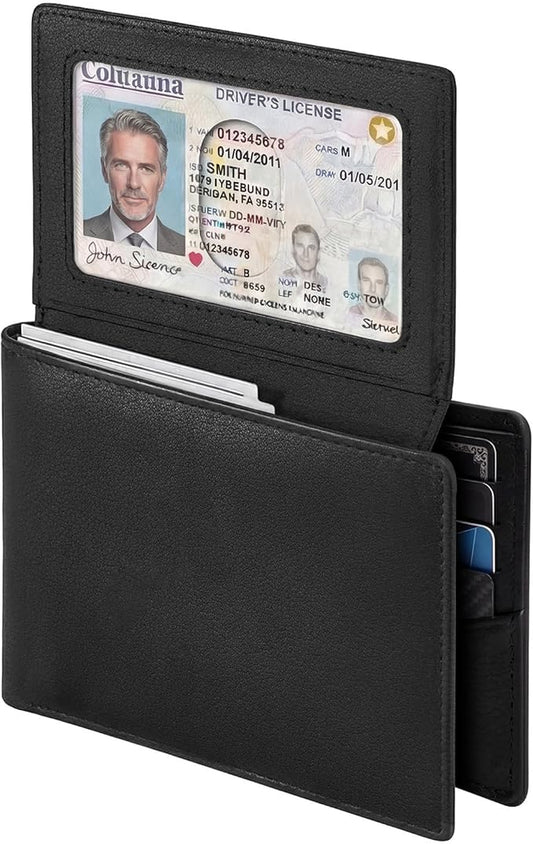 Billfold Wallet for Men: RFID Blocking Genuine Leather Slim Bifold, 12 Card Slots & 2 ID Windows with Gift Box, Black