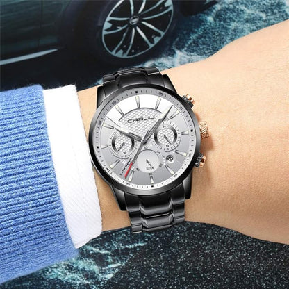 CRRJU Men's Business Casual Chronograph Quartz Waterproof Wristwatch Black Leather Strap
