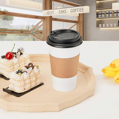 RACETOP Disposabe Coffee Cups with Lids and Sleeves 16 oz 50 Pack, Hot Paper Coffee Cups with Lids, To Go Cup with Lid, Ideal for To Go Coffee, Travel, Office, Home