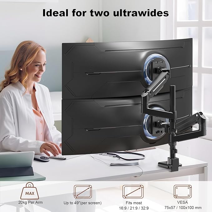 Dual Monitor-Arm Heavy-Duty for 17-49-inch Screens - Premium Vertical Stacked Dual Monitor Arm Desk Mount for Ultrawide Screens up to 44lbs, Fully Adjustability, VESA 75/100 mm, Black