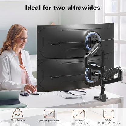 Dual Monitor-Arm Heavy-Duty for 17-49-inch Screens - Premium Vertical Stacked Dual Monitor Arm Desk Mount for Ultrawide Screens up to 44lbs, Fully Adjustability, VESA 75/100 mm, Black