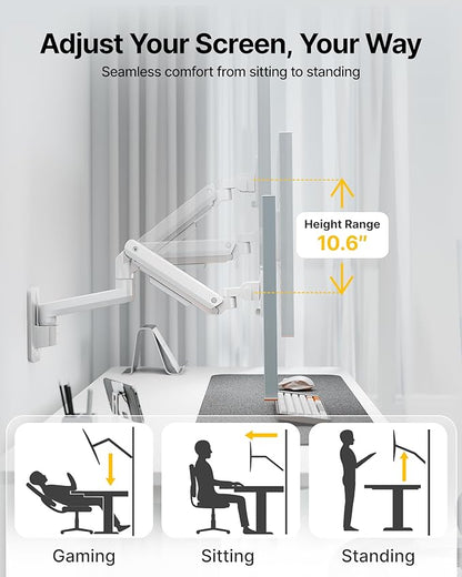 monTEK Ultra Wide Wall Mount Monitor Arm for 17-49 Inch Screens, Heavy Duty Single Monitor Mount up to 44 lbs, Fully Adjustable Gas Spring Wall Mount, 75x75/100x100 VESA Mount, White