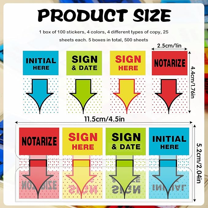 500pcs Sign Here Stickers & Tabs – Initial Here, Sign & Date, Notarize Flags – Sticky Post-It Flags for Documents, Book Annotation, Office Filing, Notary Supplies