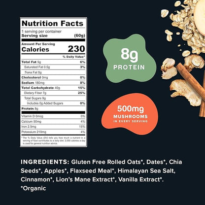 Mushroom Overnight Oats (6 Pack) Superfood Lions Mane Mushroom, Chia & Flax Seed - Organic Protein Oatmeal - High Fiber, Vegan, Gluten Free, Low Sugar - Easy Prep Plant Protein - Apple Cinnamon