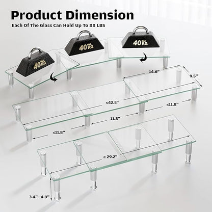 Hemudu Dual Monitor Stand -Adjustable Length and Angle Dual Monitor Riser, Desktop Organizer for PC, Computer, Laptop (Clear)